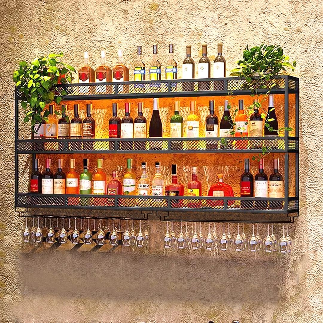 GWLQRTXV X2 39in Wine Rack with LED Lighting Wall Mounted Glass Holder, 3-Tiers Liquor Bottles Shelves Display Storage Organizer Hanging Long Stemware Goblet Metal for Home Mini Bar Cellar Black GWLQRTXV