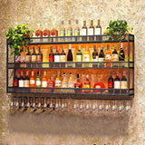 GWLQRTXV X2 39in Wine Rack with LED Lighting Wall Mounted Glass Holder, 3-Tiers Liquor Bottles Shelves Display Storage Organizer Hanging Long Stemware Goblet Metal for Home Mini Bar Cellar Black GWLQRTXV