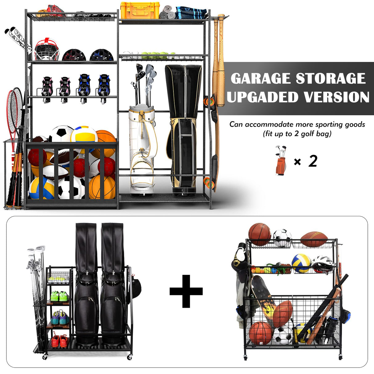 Garage Sports Equipment Organizer with Golf Bag Stand, Balls Storage Rack, and Toy Organizer – Durable Indoor/Outdoor Multi-Use Rack for Kids' Gear and Seasonal Items SPIDERCAMP