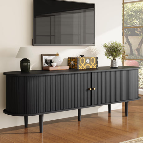 LUXOAK 70" Mid-Century Modern TV Stand with Tambour Door, TV Console with Solid Wood Legs for TVs up to 80", Fluted Entertainment Center with Storage for Living Room, Black LUXOAK