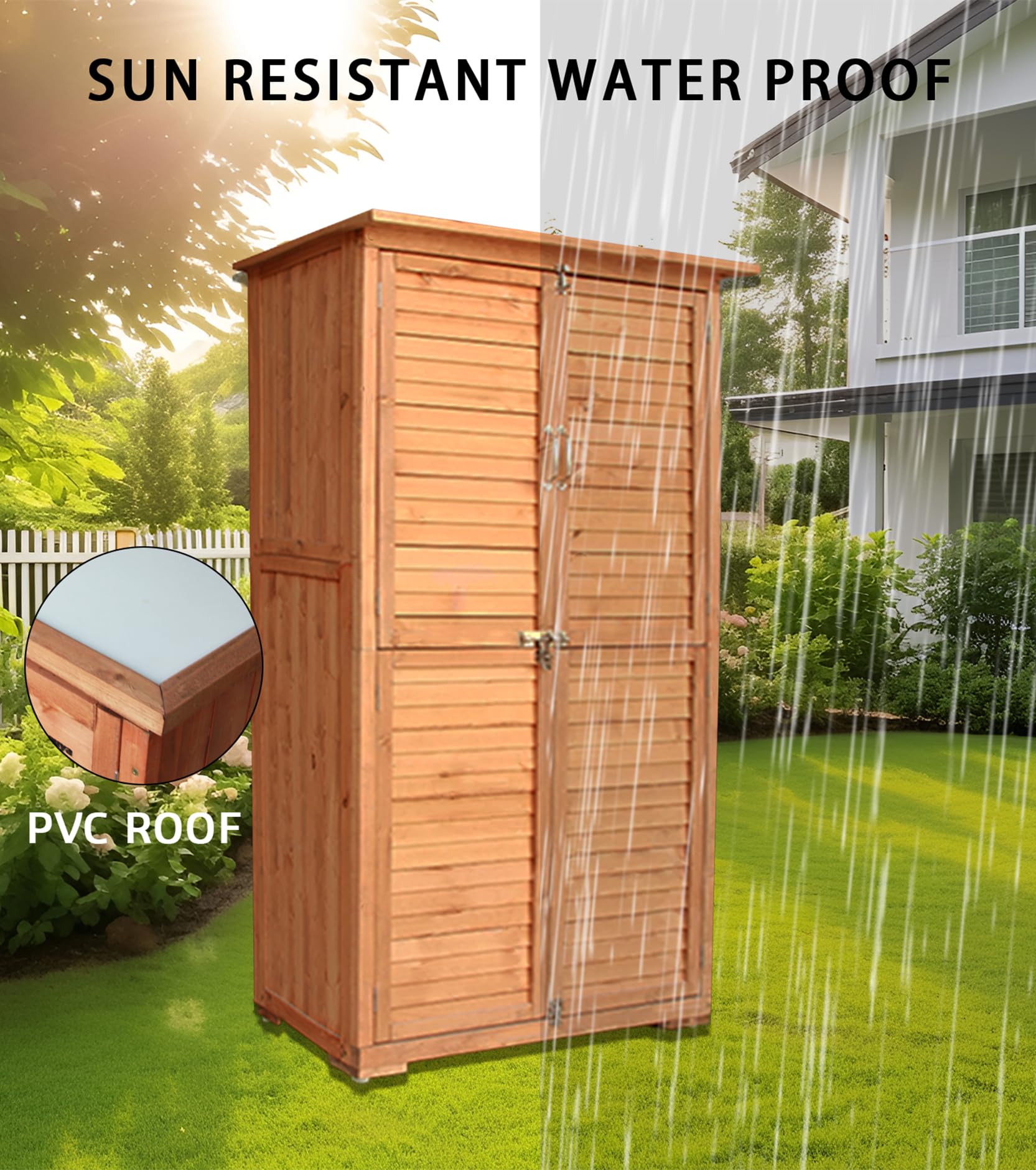 YTGLEN Outdoor Storage Cabinet, Wood Garden Shed, Pool Storage Shed with Lockable Door, Waterproof Roof and 2 Removable Shelves, Vertical Outside Storage Shed for Patio, Backyard and Lawn - WoodArtSupply