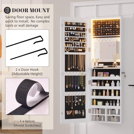 Vlsrka 47.2" LED Jewelry Mirror Cabinet, Wall/Door Mounted Jewelry Armoire Organizer with Full-Length Mirror, Large Capacity Storage Hanging Cabinet, 4 Drawers, 5 Shelves, Built-in Lighted Mirror Vlsrka