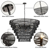 YOMECOO 39.4“ Large Hand-Woven Rattan Chandelier Vintage Farmhouse 15-Lights Boho Bamboo Black Chandeliers Light Fixture Retro Drum Wicker Rattan Chandelier for Dining Room, Living Room, Kitchen, E12 YOMECOO