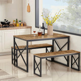VECELO Kitchen Table with 2 Benches for 4, Wood Dining Room Dinette Sets with Metal Frame for Breakfast Nook and Small Space, Brown VECELO