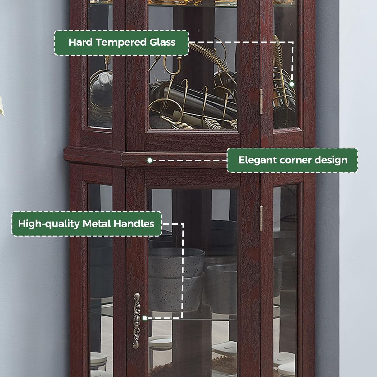 Trygoal 70" H Lighted Corner Curio Cabinet, Curved Wood Corner Cabinet with Tempered Glass Doors, Glass Display Case with Bulb for Living Room, Bedroom, Dark Cherry Trygoal