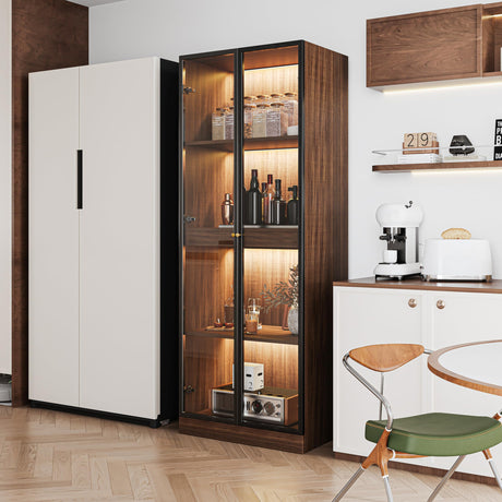 ATJafurn Glass Display Cabinet with LED Lights Tempered Glass Curio Cabinet with Pull-Out Shelf for China Liquor Collectibles 23.6'' W (Walnut) ATJafurn