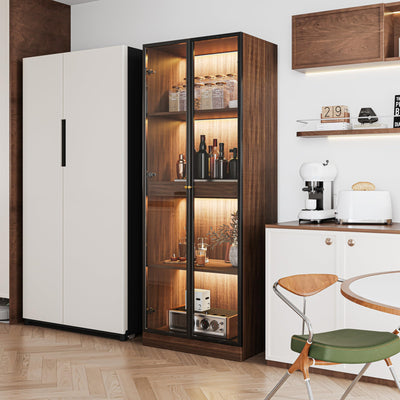 ATJafurn Glass Display Cabinet with LED Lights Tempered Glass Curio Cabinet with Pull-Out Shelf for China Liquor Collectibles 23.6'' W (Walnut)