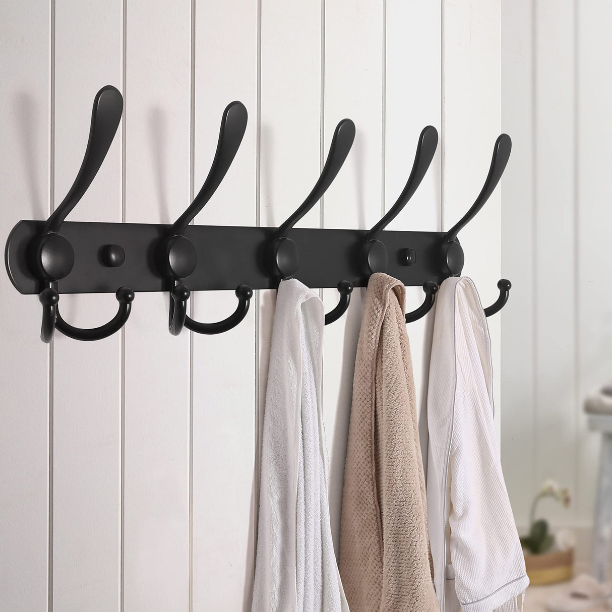 Dseap Coat Rack Wall Mounted - 5 Tri Hooks, Heavy Duty, Stainless Steel, Metal Coat Hook Rail for Coat Hat Towel Purse Robes Mudroom Bathroom Entryway (Black, 2 Packs) Dseap