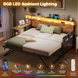 VIAGDO Daybed Twin with Pop Up Trundle, Farmhouse Wooden Day Bed Frame with 3 Storage Drawers and Shelves, Twin to King Daybed with Charging Station and LED Lights for Bedroom, Rustic Brown VIAGDO