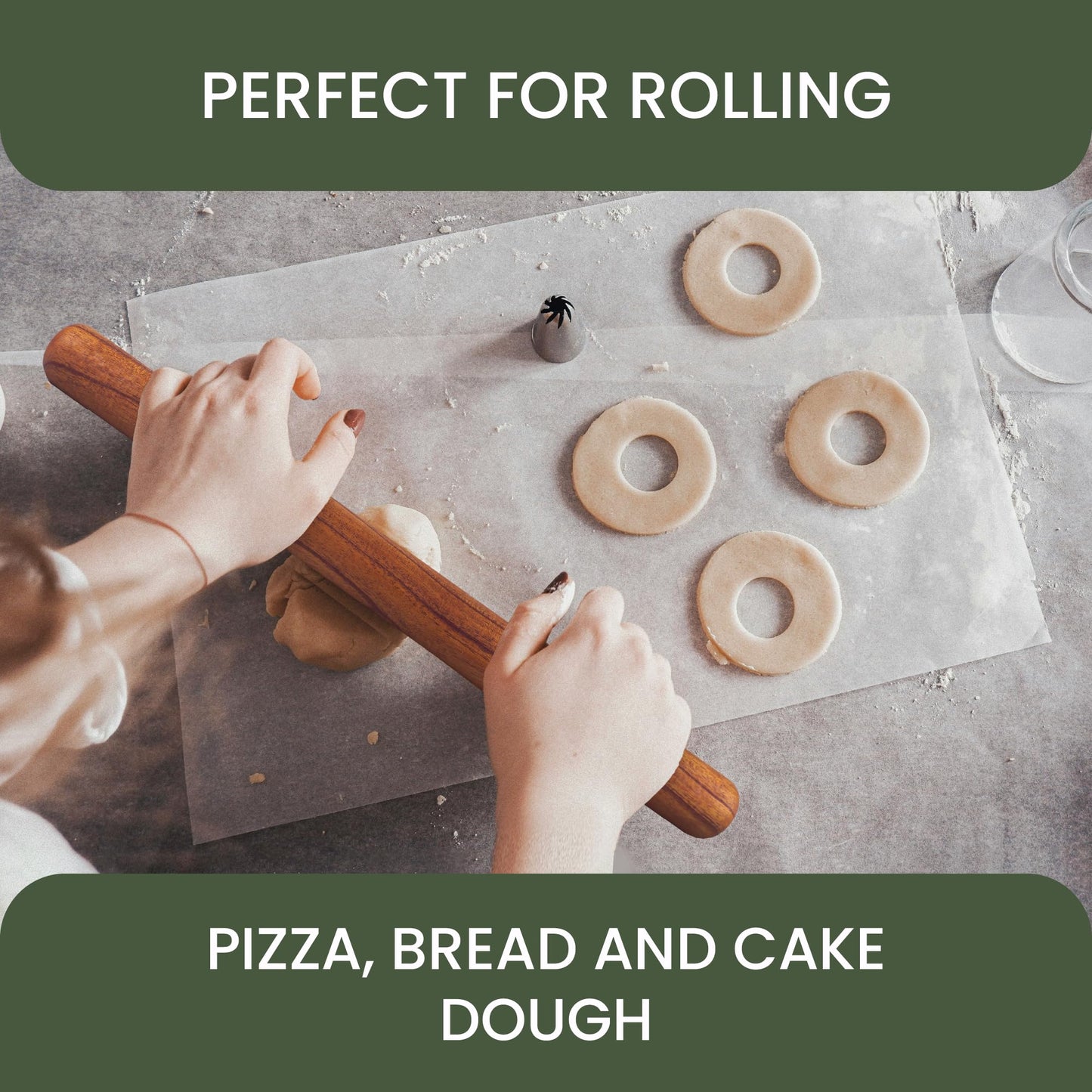 12" Mahogany Wood Rolling Pin | Wooden Roller for Pizza, Pasta, Fondant, Dumplings, Bread Dough | Non-Stick