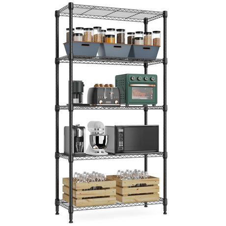 M MZG 1250 lbs 5 Tier Shelf Metal Storage Shelves Wire Rack Closet Organizers with Wheel for Garage Kitchen Bathroom Laundry Black 13.7" D x 23.6" W x 62.4" H M MZG