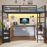 ADORNEVE Loft Bed Full Size with U-Shaped Desk, 6 Storage Drawers, Power Outlet, LED Metal Loft Bed with 2 Storage Shelves, Bed with Safety Guardrail & Ladders, No Box Spring Needed, Rustic Brown ADORNEVE