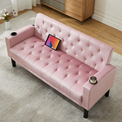 TYBOATLE 62" W Loveseat Sofa w/ 2 USB Charger Ports and 2 Cupholders, Mid-Century Modern Tufted Linen Fabric Small Love Seat Couches for Compact Living Room, Bedroom, Apartment, Dorm (Pink)