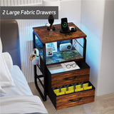 runjuly LED Nightstand, Bed Side Table with Storage, End Table with Drawers & Hooks, Bedside Table with Charging Station, AC Outlets, USB C Ports, Rustic Brown Night Stand Table for Living Room, Dorm runjuly