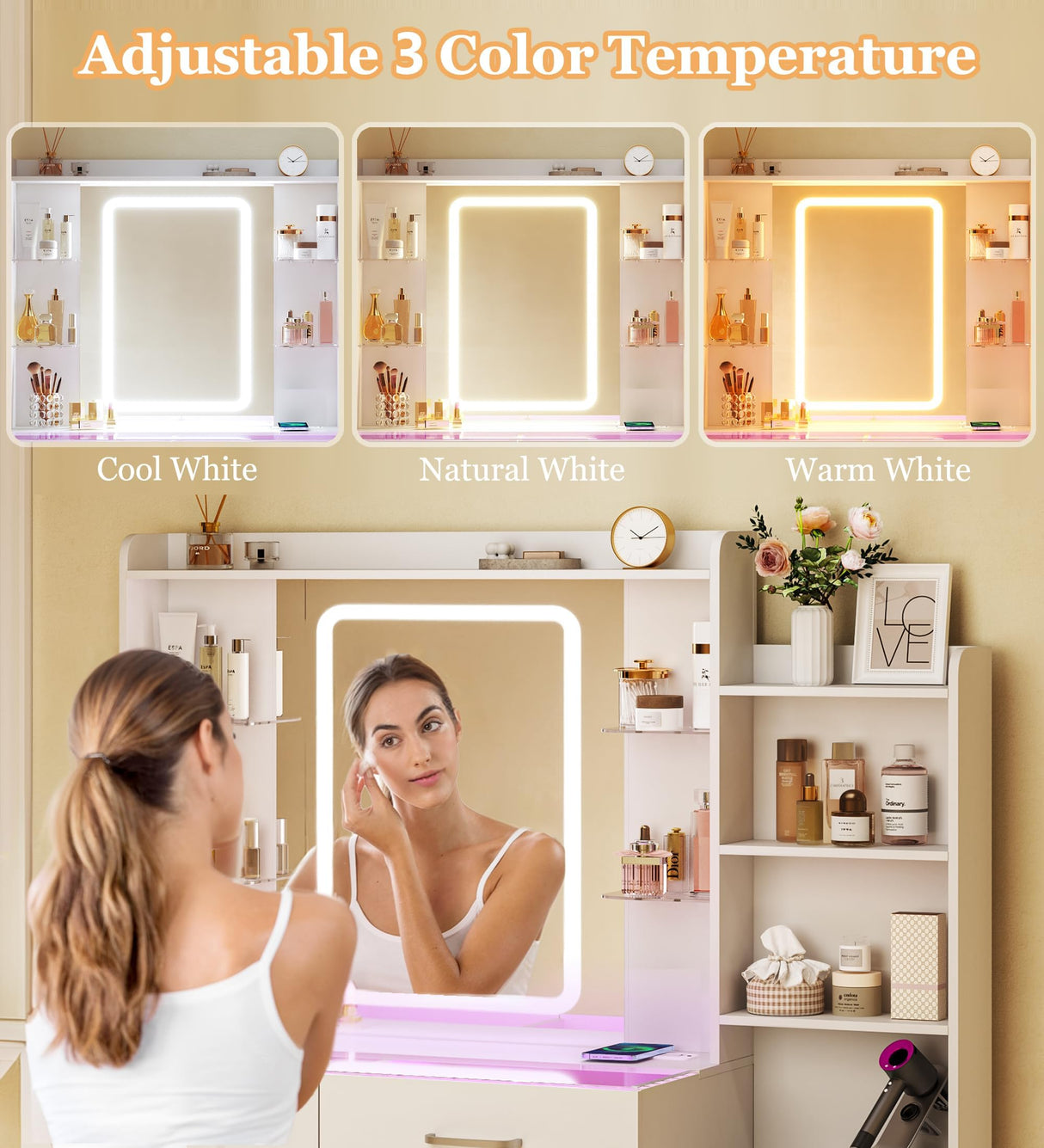 HUAHUU Vanity Desk with Mirror and LED Lights, 57.5" Makeup Vanity with Glass Top & Wireless Charging, Vanity with RGB Drawers, 3 Colors Light, Power Outlet Safety Switch for Bedroom, White HUAHUU