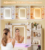 HUAHUU Vanity Desk with Mirror and LED Lights, 57.5" Makeup Vanity with Glass Top & Wireless Charging, Vanity with RGB Drawers, 3 Colors Light, Power Outlet Safety Switch for Bedroom, White HUAHUU