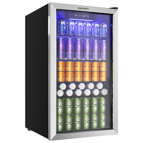 EUHOMY Beverage Refrigerator and Cooler, 126 Can Mini fridge with Glass Door, Small Refrigerator with Adjustable Shelves for Soda Beer or Wine, Perfect for Home/Bar/Office, Silver EUHOMY