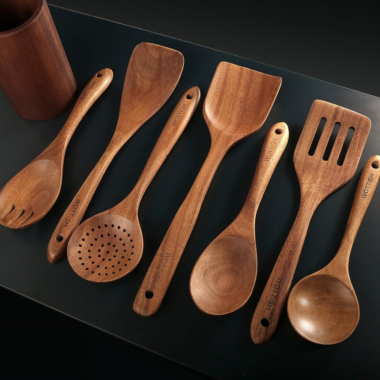 Wooden Spoons for Cooking - 8-Piece Wooden Kitchen Utensil Set made of Natural Solid Wood Material - Includes Spoons, Spatulas, Ladles, Strainer Spoon, Salad Fork, Mixing Spoon and Utensil Holder WOTTISH
