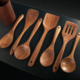 Wooden Spoons for Cooking - 8-Piece Wooden Kitchen Utensil Set made of Natural Solid Wood Material - Includes Spoons, Spatulas, Ladles, Strainer Spoon, Salad Fork, Mixing Spoon and Utensil Holder WOTTISH