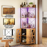 Corner Bar Cabinet with RGB LED Lights and Power Outlet, 63 Inch, 5-Tier Industrial Corner Wine Cabinet with Glass Holder, Corner Liquor Cabinet for Home, Bar Cabinet - Rustic Brown Pipleo