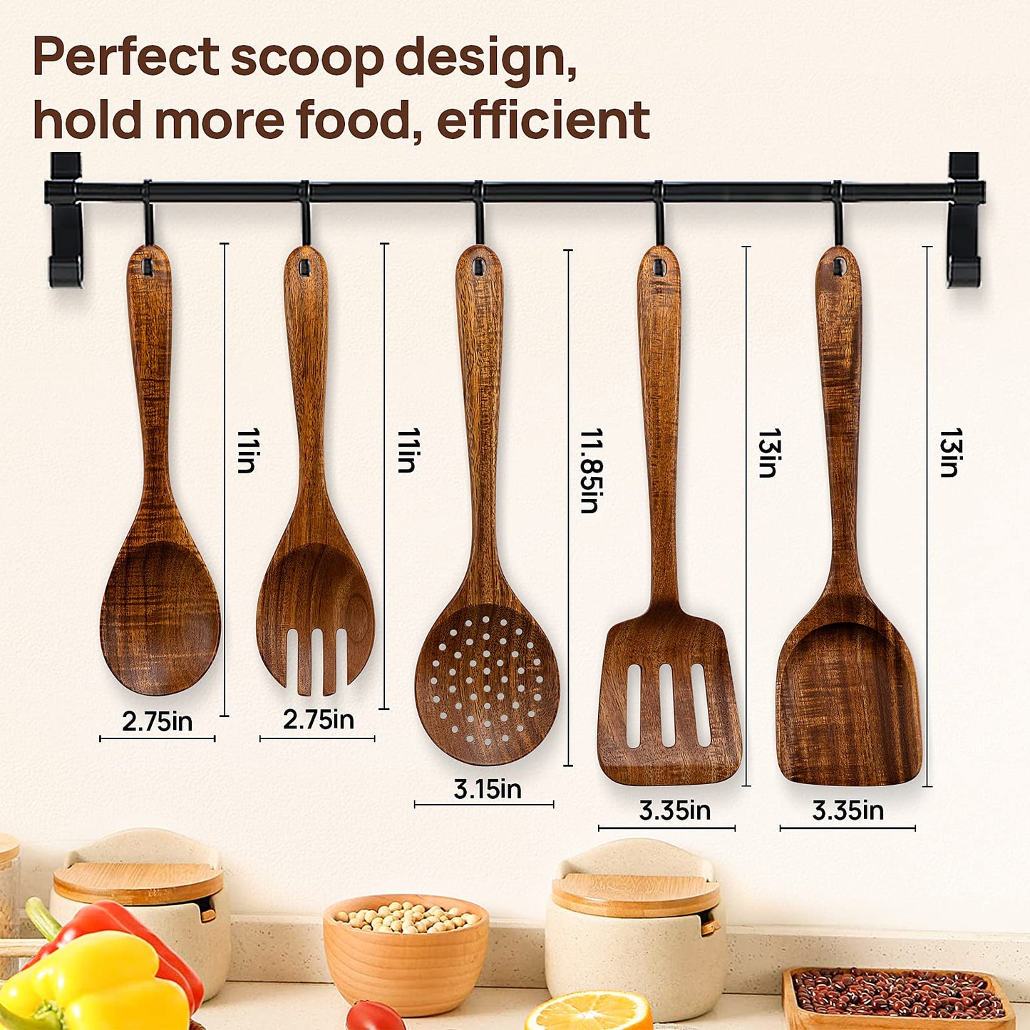 TANAAB Kitchen Wooden Spoons Utensils Set for Cooking, 5 Piece Acacia Wood Spoon Cooking Utensils Apartment Essentials Wooden Turner Spoon Spatula Kitchen Set for Nonstick Cookware (5-pieces- - WoodArtSupply