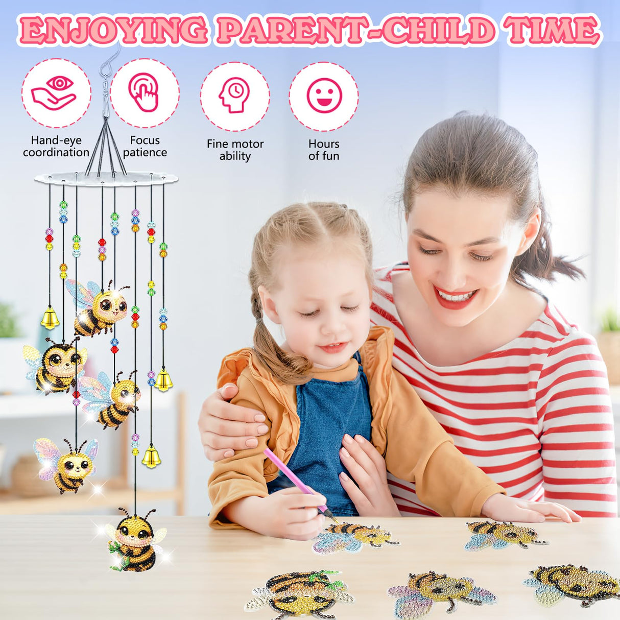Bowetile 5D Diamond Art Kits for Adults, Bee Diamond Art Wind Chimes, Diamond Painting DIY Wind Chime Kit, Diamond Painting Wind Chimes Suncatchers, Art Kits for Adults Teens Garden Home Decor Bowetile