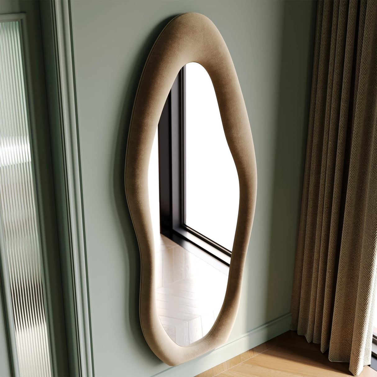 Honyee Full Length Mirror, 63" x 24" Wall Mirror, Flannel Wrapped Wooden Frame Floor Mirror, Irregular Wavy Mirror Hanging or Leaning Against Wall for Cloakroom/Bedroom/Living Room, Milk Tea Honyee