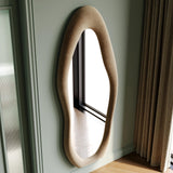 Honyee Full Length Mirror, 63" x 24" Wall Mirror, Flannel Wrapped Wooden Frame Floor Mirror, Irregular Wavy Mirror Hanging or Leaning Against Wall for Cloakroom/Bedroom/Living Room, Milk Tea Honyee
