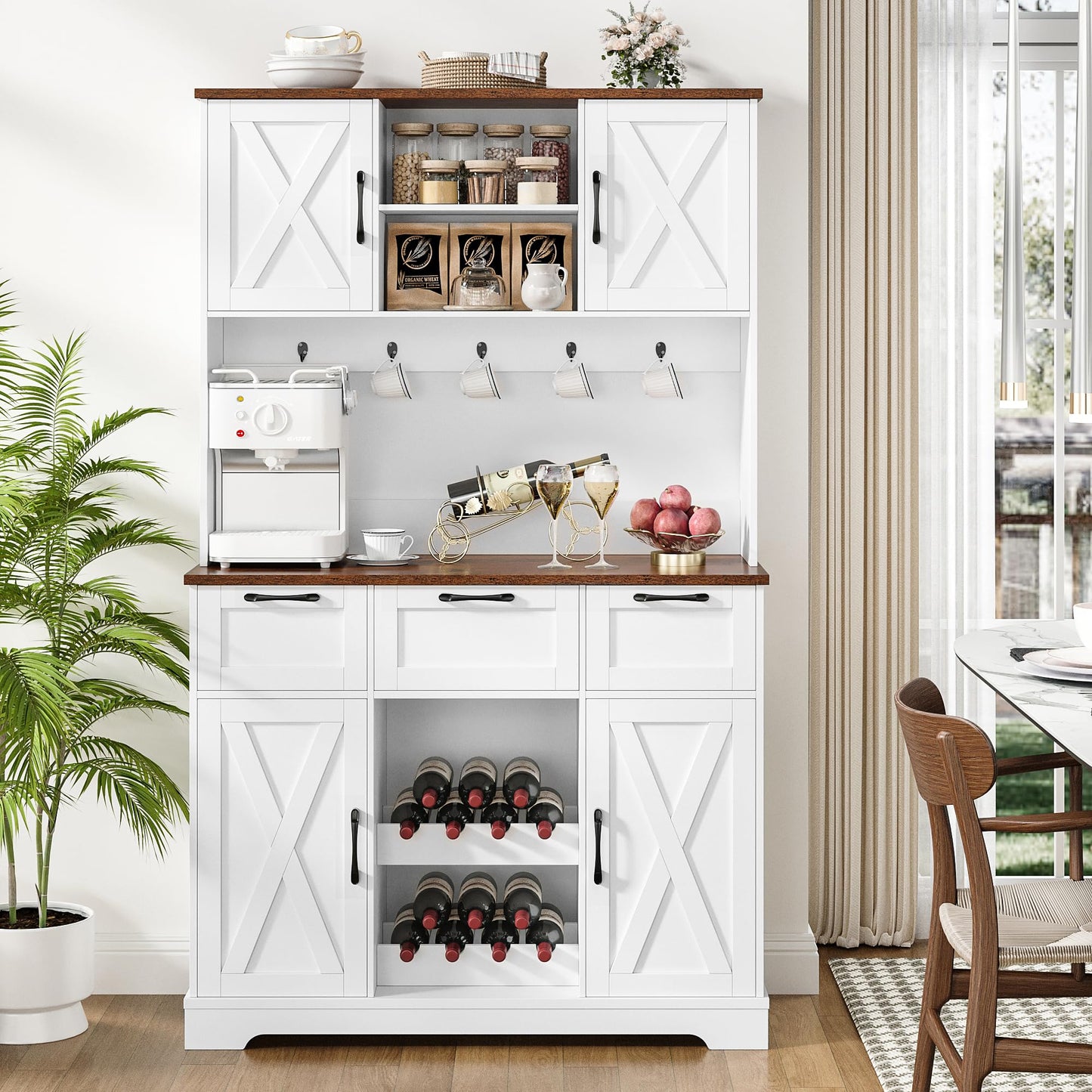 HIFIT 72" Tall Farmhouse Kitchen Pantry Storage Cabinet with Doors & Shelves & Drawer, Freestanding Hutch Cabinet with Microwave Stand/Wine