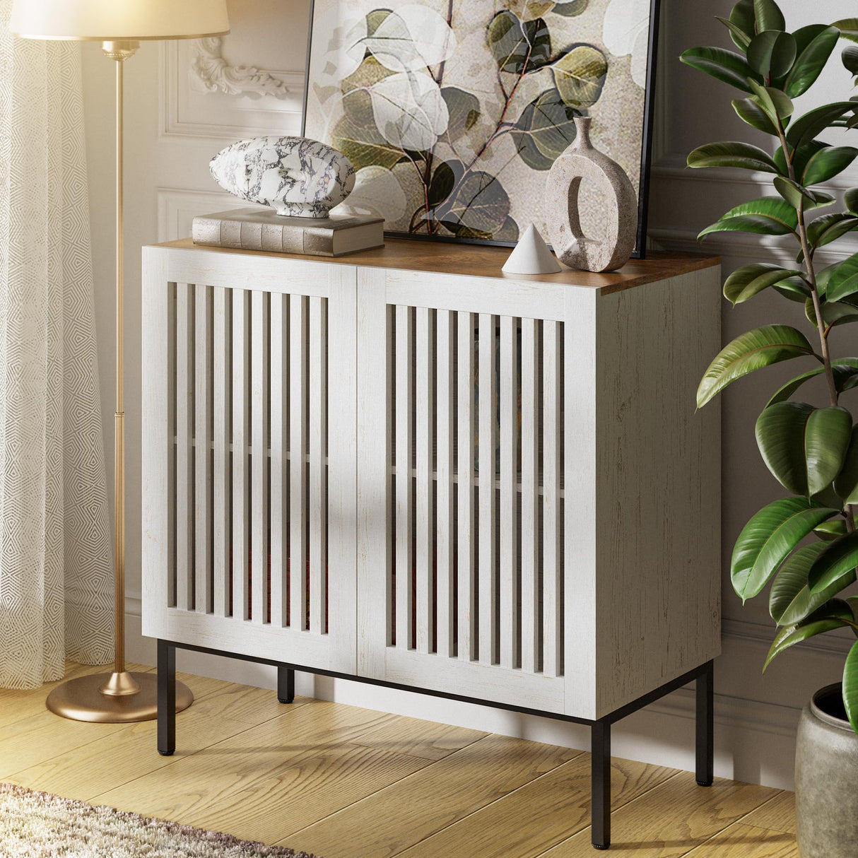 BVIUNTWO 31.5" Farmhouse Buffet Cabinet with Metal Base, Adjustable Shelf & 2 Doors, Antique White Storage Sideboard for Kitchen, Dining & Living Room BVIUNTWO