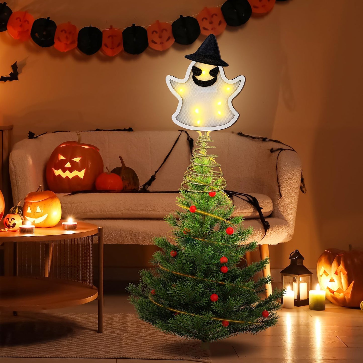 Halloween Tree Topper 15 Inches Pumpkin Skull Ghost Tree Topper Wood Tree Ornament Tree Star with LED Light Halloween Christmas Tree Ornaments for Halloween Party