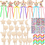 Chumia 42 Pcs Princess Fairy Wands Kit Include 28 Wooden Princess Wand, 6 Gem Stickers, 8 Ribbons, Birthday Party Supplies, Unfinished DIY Moon Butterfly Make Your Own Wand Chumia