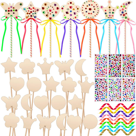 Chumia 42 Pcs Princess Fairy Wands Kit Include 28 Wooden Princess Wand, 6 Gem Stickers, 8 Ribbons, Birthday Party Supplies, Unfinished DIY Moon Butterfly Make Your Own Wand Chumia