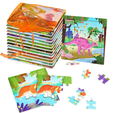 SANNIX 12 Pack Dinosaur Wooden Jigsaw Puzzles with 12 Organize Bags, Dinosaurs Animals Toddlers Puzzles for Kids Ages 3 4 5, Party Favors Educational Learning Travel Toys for Boys Girls SANNIX