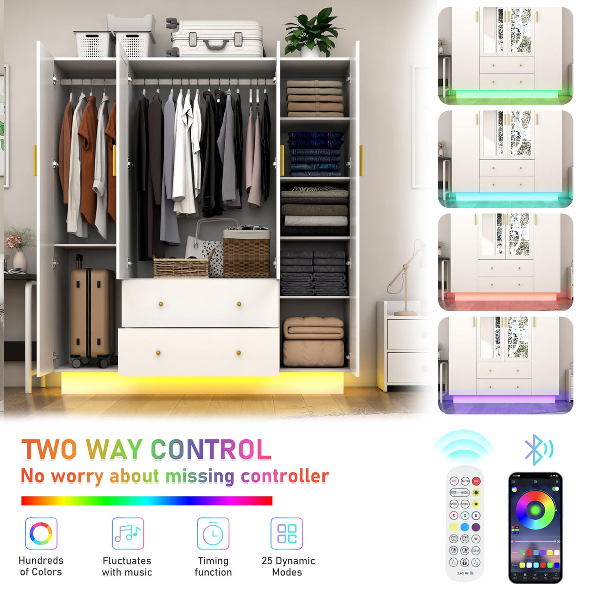 jiteentarou 4 Door Wardrobe Closet with Mirrors and LED Lights, Bedroom Armoire with Drawers and Shelves, Modern Wooden Armoire Wardrobe Closet with Hanging Rod for Bedroom, White jiteentarou