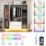 jiteentarou 4 Door Wardrobe Closet with Mirrors and LED Lights, Bedroom Armoire with Drawers and Shelves, Modern Wooden Armoire Wardrobe Closet with Hanging Rod for Bedroom, White jiteentarou