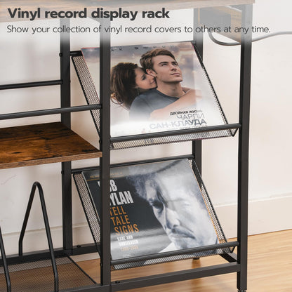 HOOBRO Record Player Stand, Turntable Stand with 3-Tier Vinyl Record Storage, End Table with Charging Station, Record Player Table Up to 150 Albums, for Living Room, Rustic Brown and Black BF03URS01