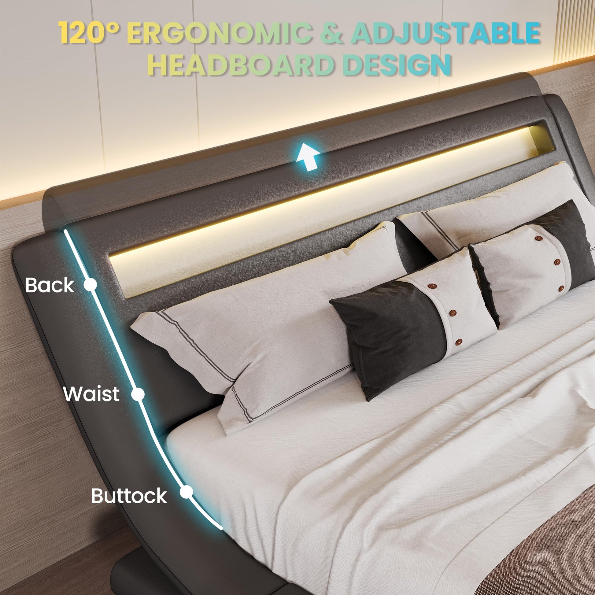 SHA CERLIN LED King Deluxe Upholstered Bed Frame - Adjustable Grey Sleigh Design with Music Sync Lighting - WoodArtSupply