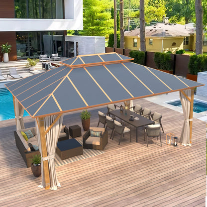 MELLCOM 12x16FT Hardtop Gazebo,Wooden Finish Coated Aluminum Patio Gazebo with Aluminum Composite Double Roof for Patio Lawn and Garden, Curtains and Netting Included - WoodArtSupply