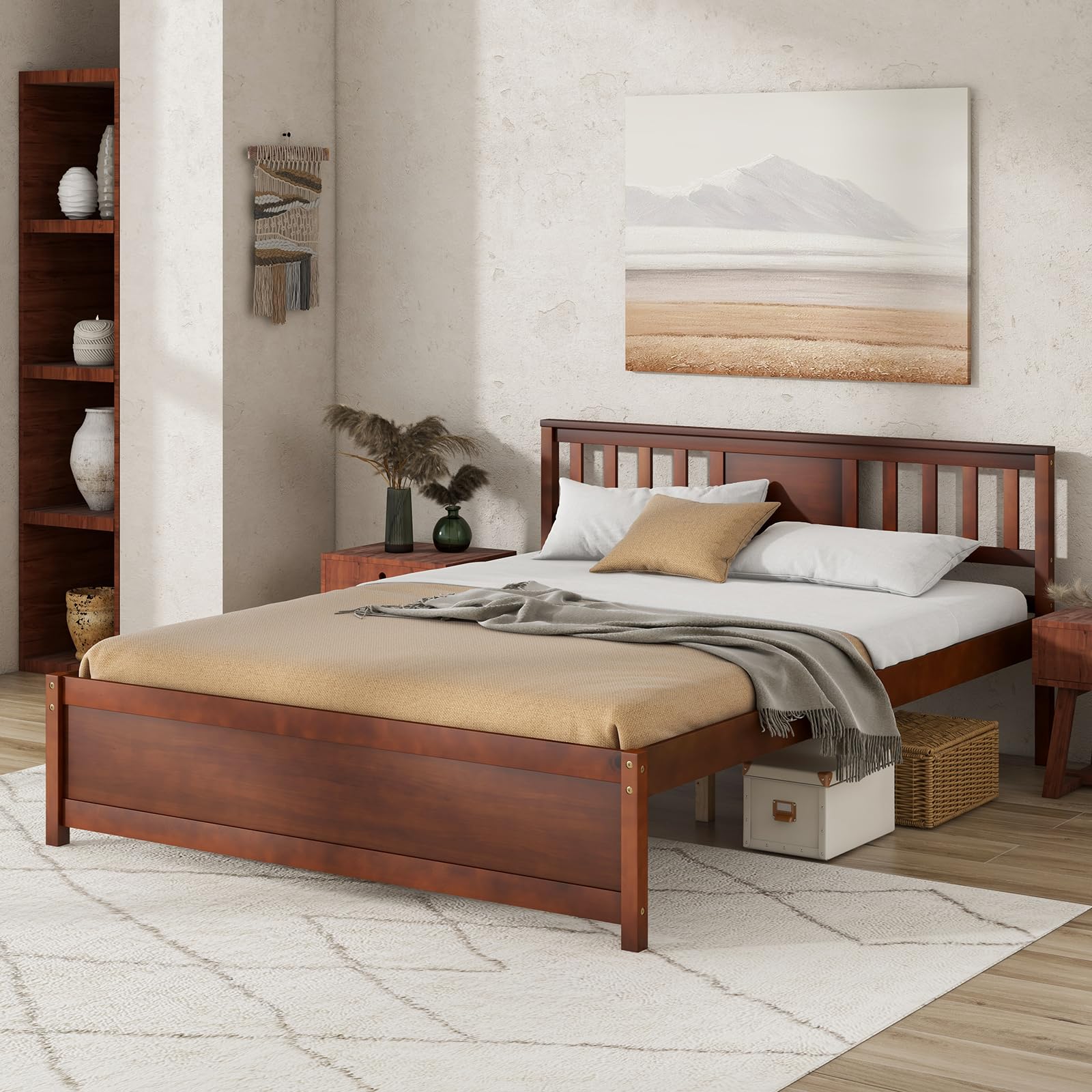 Giantex Mid Century Walnut Queen Size Solid Wood Platform Bed Frame with Headboard and Slat Support - WoodArtSupply