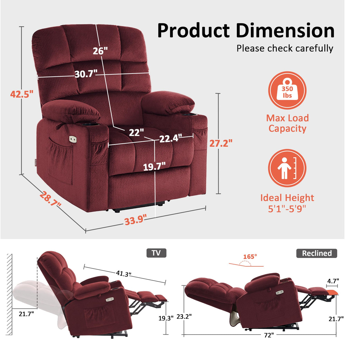 MCombo Dual Motor Power Lift Recliner Chair with Massage and Heat for Elderly People, Infinite Position, USB Ports, Cup Holders, Fabric 7679 (Medium, Burgundy) MCombo