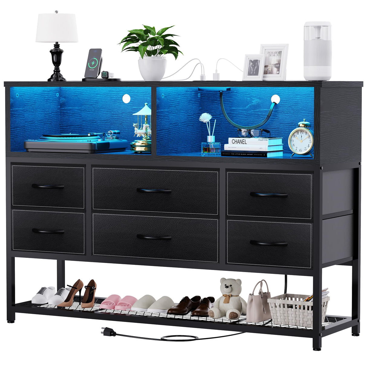 eiskah Black Dresser for Bedroom, 6 Drawers Led Dresser TV Stand with Power Outlets and LED Lights, Long Fabric Dressers Wide Chest of Drawers with Large Organizer Shoe Rack for Living Room, Entryway eiskah