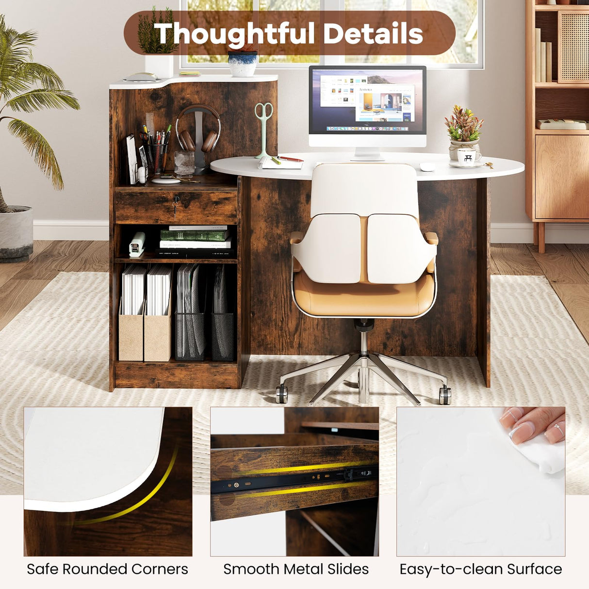 Giantex Reception Desk, Front Counter Desk with Lockable Drawer, Oval Tabletop & Adjustable Shelf, Retail Register Stand, Checkout Table for Office Beauty Salon Reception Room (White & Rustic Brown) Giantex