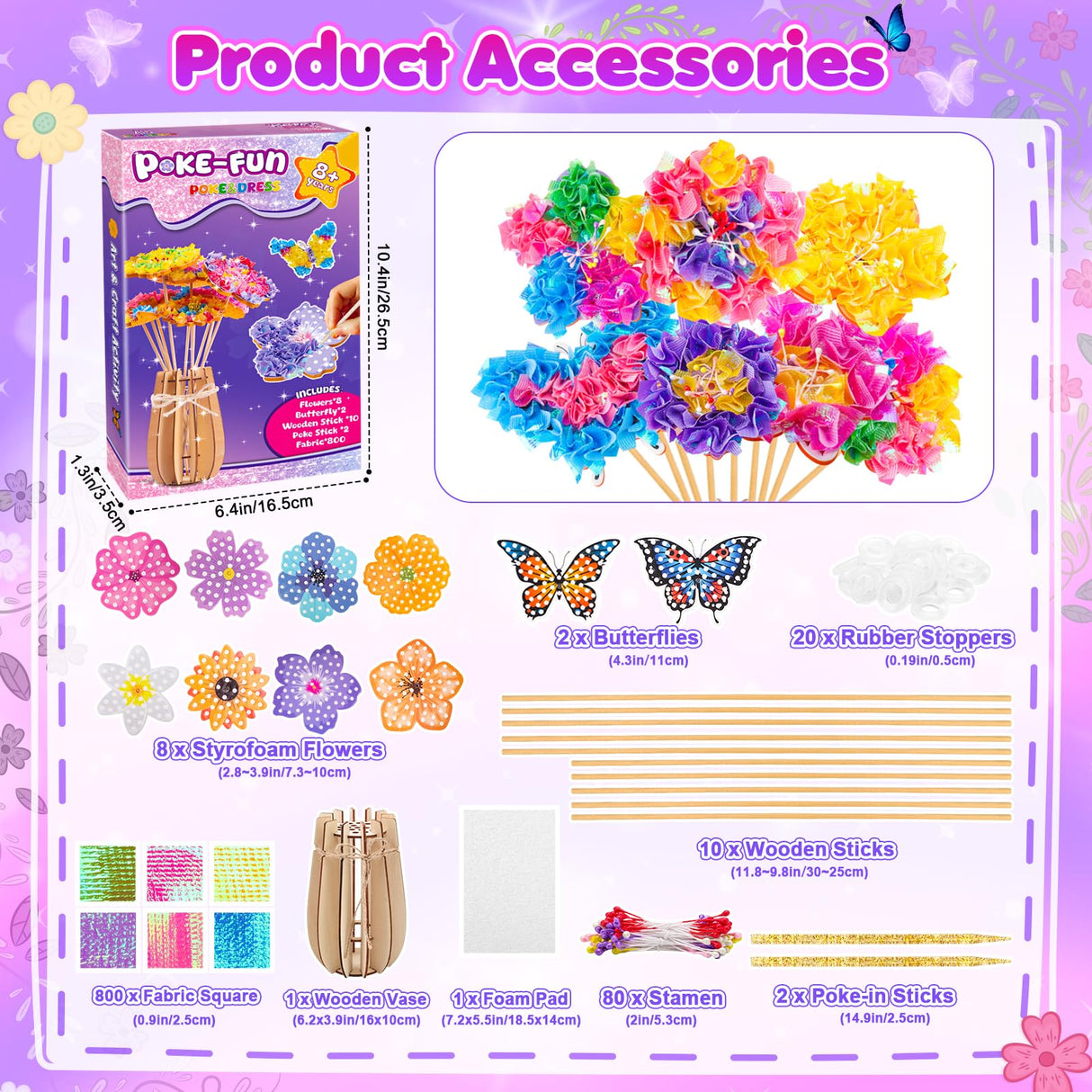 DREACAREFT Poke Art and Craft Flower Bouquet Kits for Girls, 8 Flowers & 2 Butterflies with Wooden Vase, Mess Free DIY Creative Activity, Birthday Gifts Toys for 5 6 7 8+ Year Old Girls DREACAREFT
