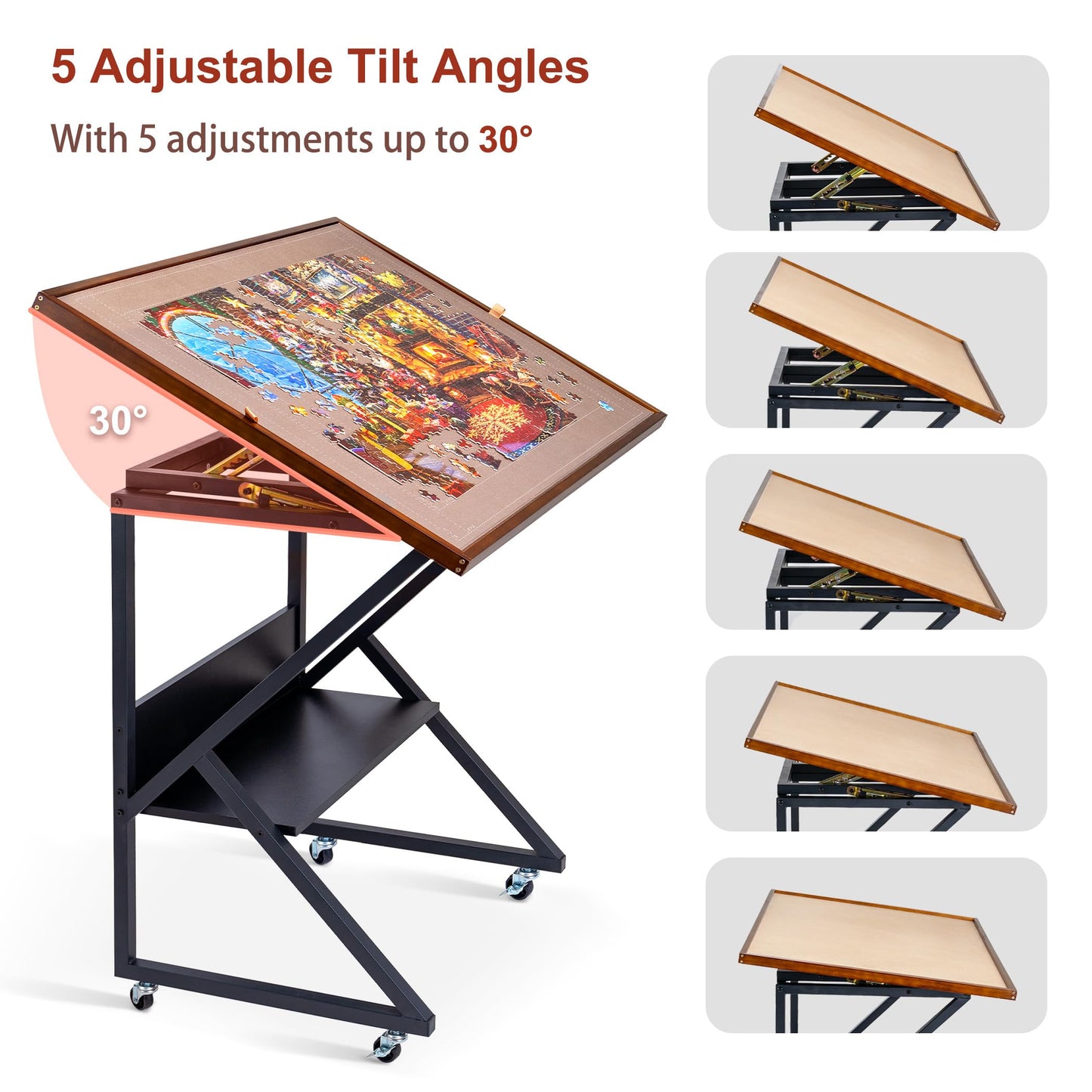 Lavievert Jigsaw Puzzle Table with Cover and Angle & Height Adjustment, Detachable Double-Sided Puzzle Board with Auxiliary Line, Tilting Table with Storage Shelf & 4 Casters for Up to 1500 P - WoodArtSupply