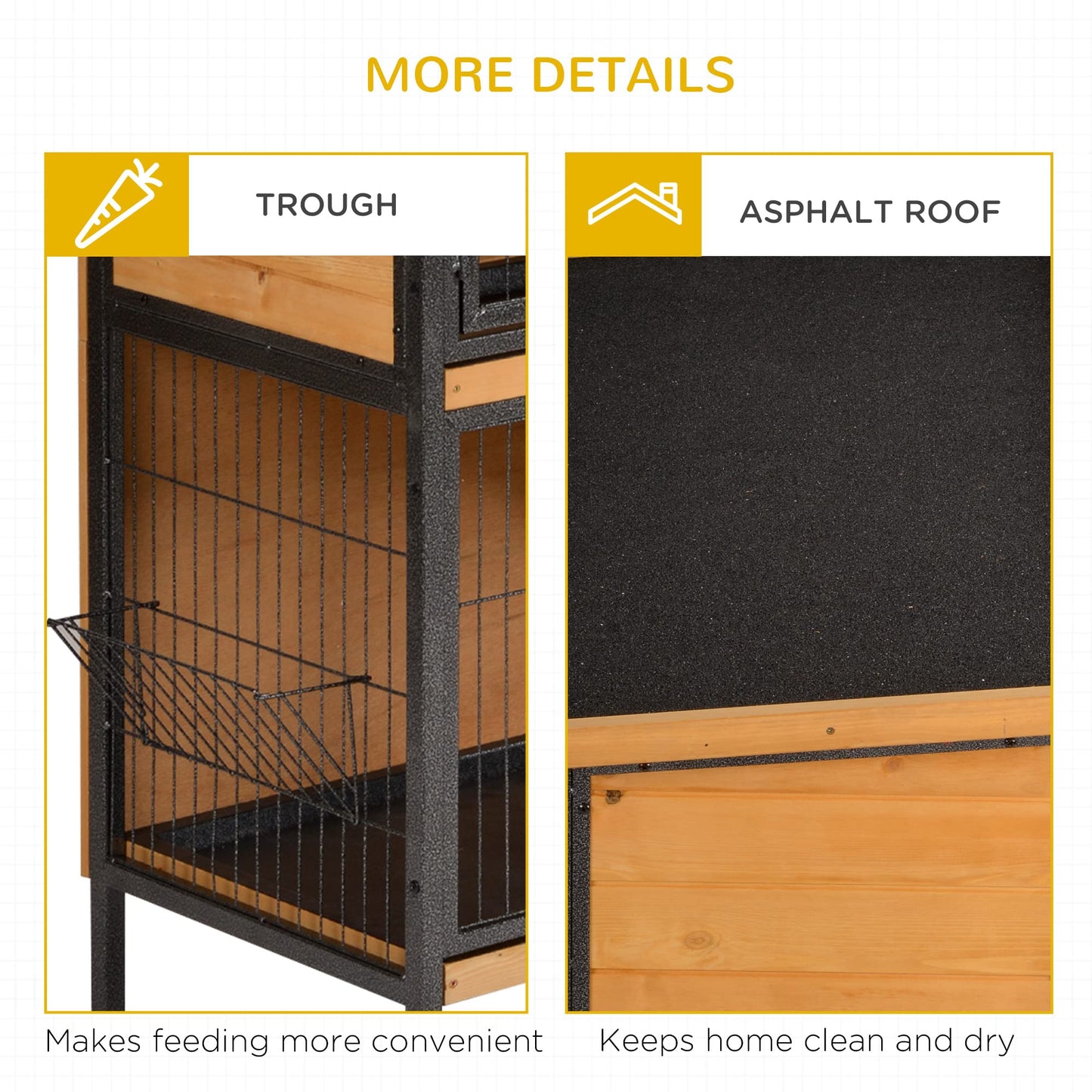 PawHut 48" 2-Story Large Rabbit Hutch Bunny Cage Wooden Pet House Metal Frame with Individual Room, Ramp, No Leak Tray, Feeding Trough, Waterproof Asphalt Roof for Outdoor/Indoor