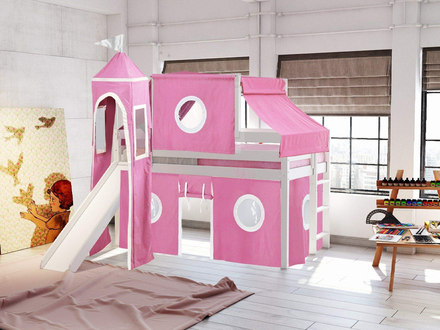 JACKPOT! Princess Low Loft Bed with Slide, Pink and White Tent and Tower, Twin, White