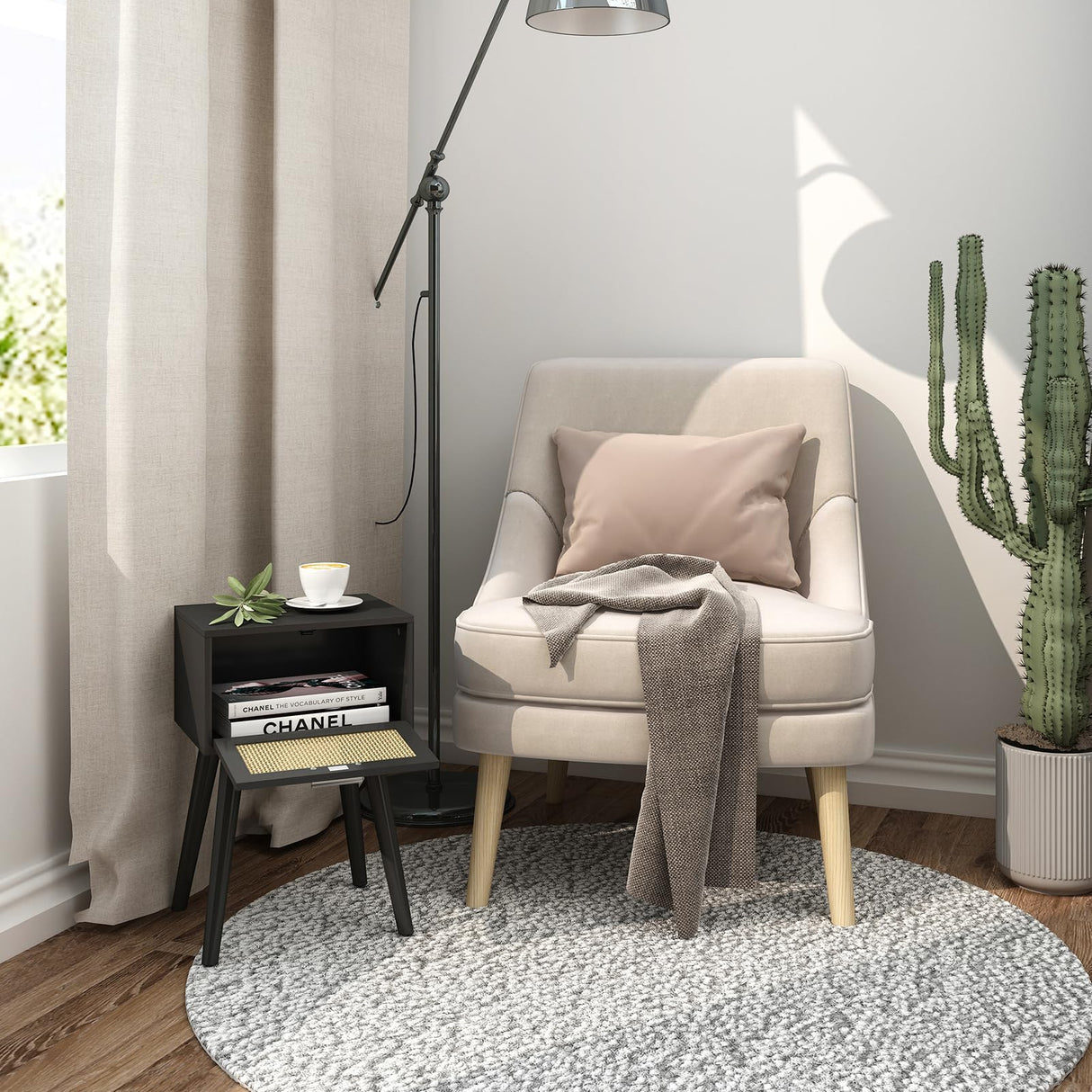 LAATOOREE Nightstand Set of 2, Small End Table with Rattan Door, Bedside Table with Solid Wood Feet, Boho Side Table for Bedroom Living Room Small Space - Black LAATOOREE