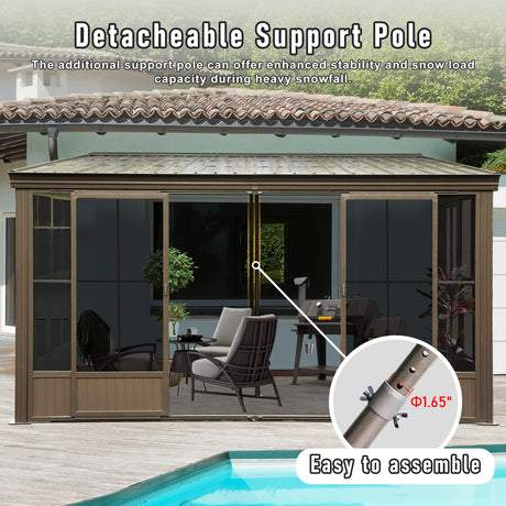 Domi Lean-to Sunroom 12x14FT, Wall Mounted Solarium with Galvanized Steel Sloping Roof, Moveable PVC Screen, Front Door&Side Sliding Door, Aluminum Gazebo Against Wall Sun Room for Patio Deck domi outdoor living
