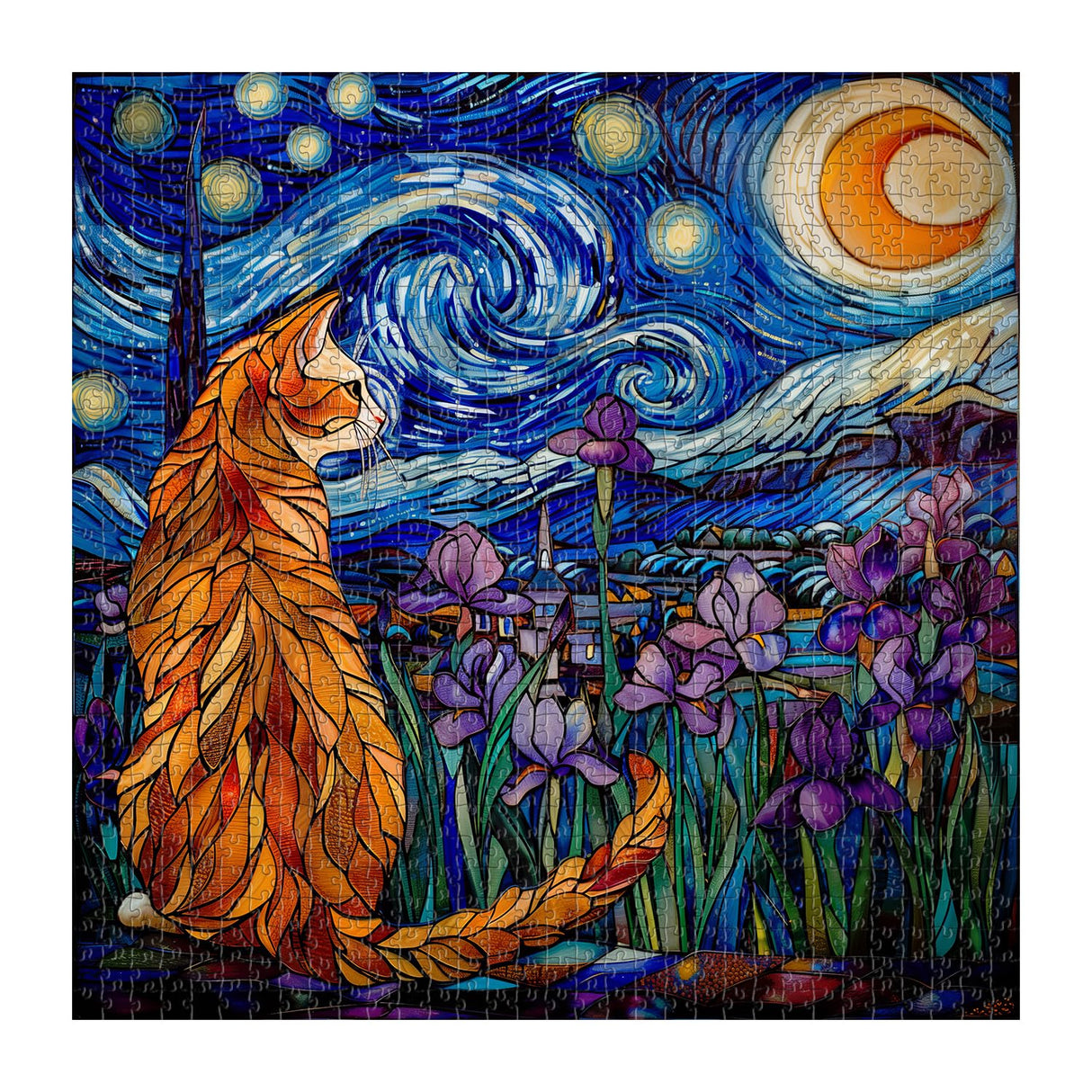 Cat Puzzles for Adults 1000 Pieces, PICKFORU Stained Glass Puzzles Feature Purple Iris Flowers, Starry Night, Moonlit Cat Flower Jigsaw Puzzle for Cat Lovers PICKFORU
